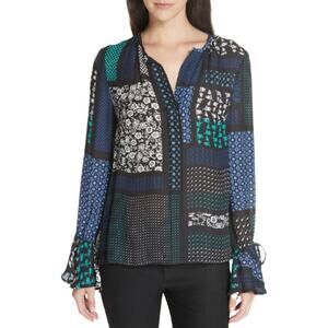 DEREK LAM 10 CROSBY Printed Silk Blouse Bell Sleeve Boho Floral Black Blue 0